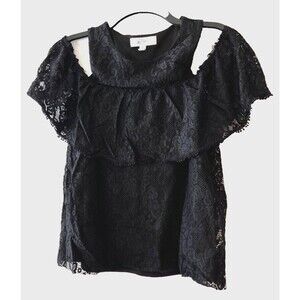Libby Edelman Women's Black Lace Lined Cold Shoulder Blouse SIZE Medium
